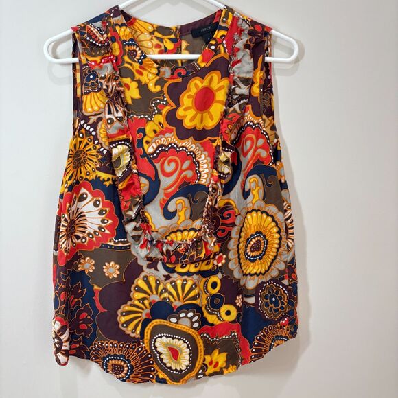 J Crew Paisley Silk Blouse 4 Brown Orange Ruffle Sleeveless Back Button Office - Picture 1 of 9